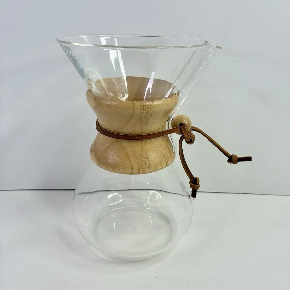Chemex Pour Over Coffee Maker Blown Glass Wood Collar 8.5